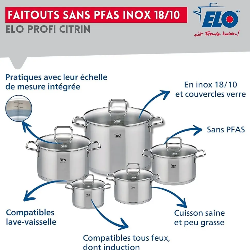 Lot 2 Poêles 24/28 cm avec revêtement céramique sans PFAS et 3 Faitouts 12/14/20 cm Elo Bistro Line Citrin