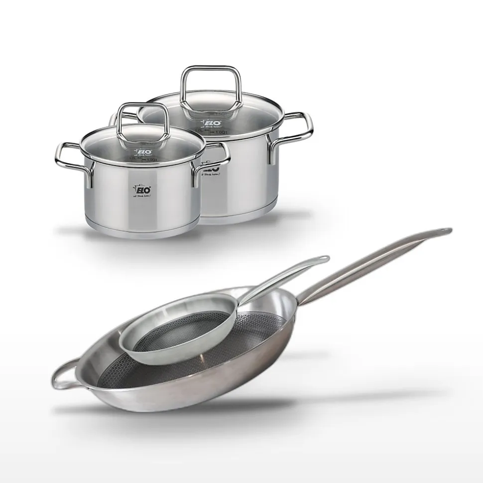 Lot 2 Poêles 32/24 cm et 2 Faitouts 14/12 cm Elo Relief Solution