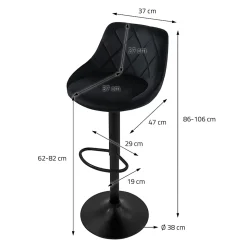 Lot 4 tabouret de bar rembourrées velours chaise noir hauteur réglable 62-82cm