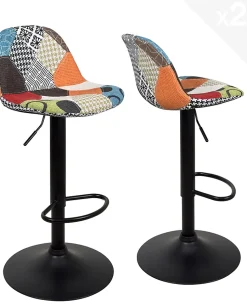 Lot 2 Tabourets De Bar Design Siège Rembourré Patchwork Tissu Pivotant Hauteur Réglable SIG (patch)
