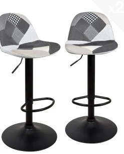 Lot 2 Tabourets De Bar Design Siège Rembourré Patchwork Tissu Pivotant Hauteur Réglable SIG (gris)