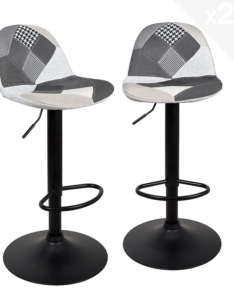 Lot 2 Tabourets De Bar Design Siège Rembourré Patchwork Tissu Pivotant Hauteur Réglable SIG (gris)