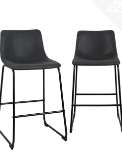 Lot 2 Tabourets De Bar Industriels Simili Rembourré Effet Vintage Pieds Métal Helio 64 (noir Gris)