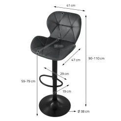 Lot 4 tabourets de bar rembourrées velours chaise gris hauteur réglable 59-79cm