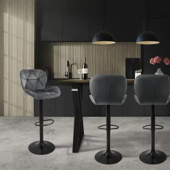 Lot 4 tabourets de bar rembourrées velours chaise gris hauteur réglable 59-79cm