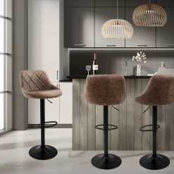 Lot 2 tabourets de bar rembourrées en simili marron hauteur réglable 62-82 cm