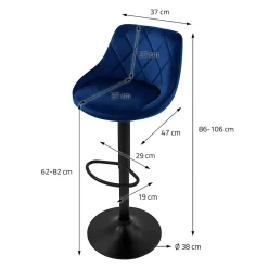 Lot 4 tabourets de bar rembourrées velours chaise bleu hauteur réglable 62-82cm
