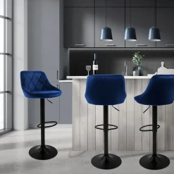 Lot 4 tabourets de bar rembourrées velours chaise bleu hauteur réglable 62-82cm