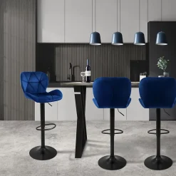 Lot 4 tabourets de bar rembourrées velours chaise bleu hauteur réglable 59-79 cm