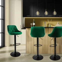 Lot 2 tabourets de bar rembourrées velours chaise vert hauteur réglable 62-82cm