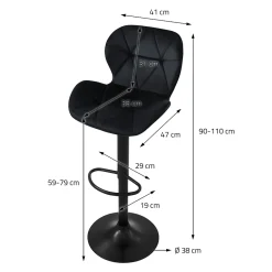 Lot 2 tabourets de bar rembourrées velours chaise noir hauteur réglable 59-79cm