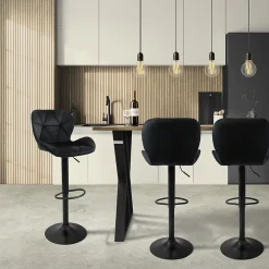 Lot 2 tabourets de bar rembourrées velours chaise noir hauteur réglable 59-79cm