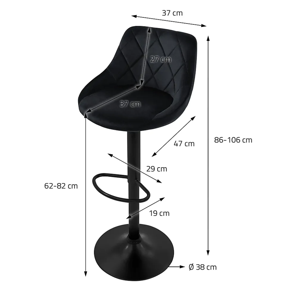 Lot 2 tabourets de bar rembourrées velours chaise noir hauteur réglable 62-82cm