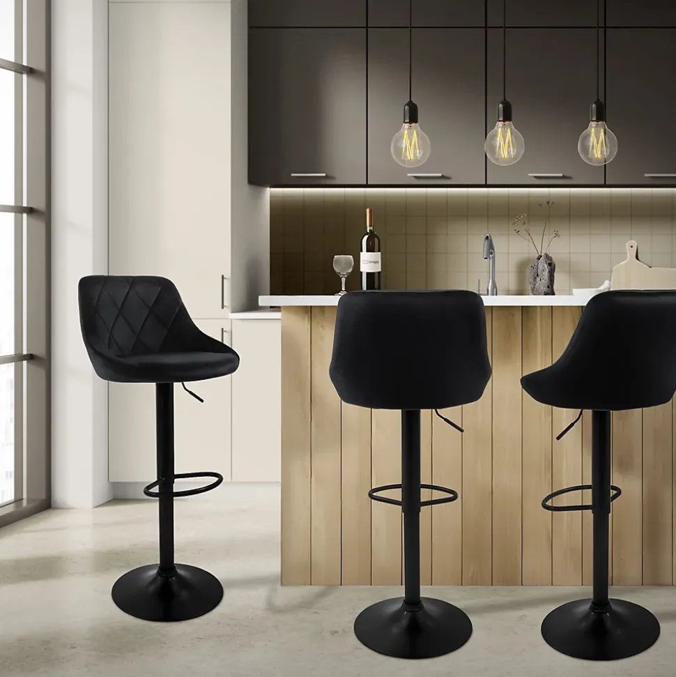 Lot 2 tabourets de bar rembourrées velours chaise noir hauteur réglable 62-82cm