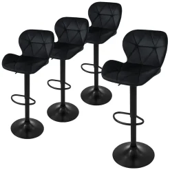 Lot 4 tabourets de bar rembourrées velours chaise noir hauteur réglable 59-79cm