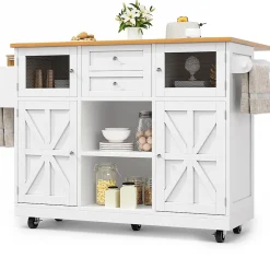 Îlot cuisine avec plan de travail, portes 3D, veinage bois, roulettes, cloisons réglables - blanc