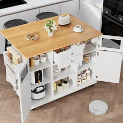 Îlot cuisine avec plan de travail, portes 3D, veinage bois, roulettes, cloisons réglables - blanc