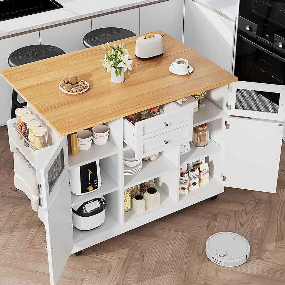 Îlot cuisine avec plan de travail, portes 3D, veinage bois, roulettes, cloisons réglables - blanc