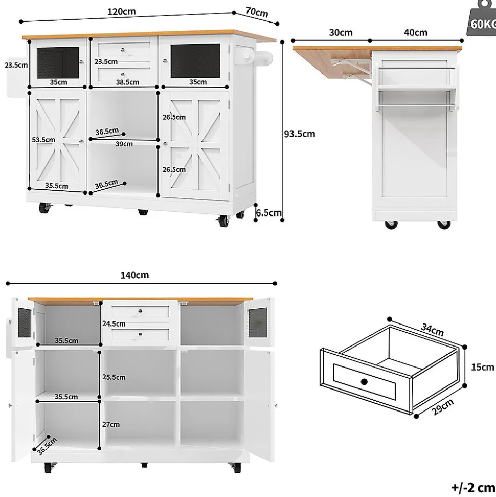 Îlot cuisine avec plan de travail, portes 3D, veinage bois, roulettes, cloisons réglables - blanc