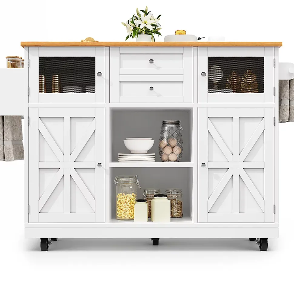 Îlot cuisine avec plan de travail, portes 3D, veinage bois, roulettes, cloisons réglables - blanc