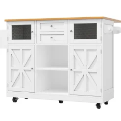 Îlot cuisine avec plan de travail, portes 3D, veinage bois, roulettes, cloisons réglables - blanc