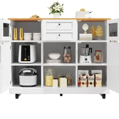 Îlot cuisine avec plan de travail, portes 3D, veinage bois, roulettes, cloisons réglables - blanc