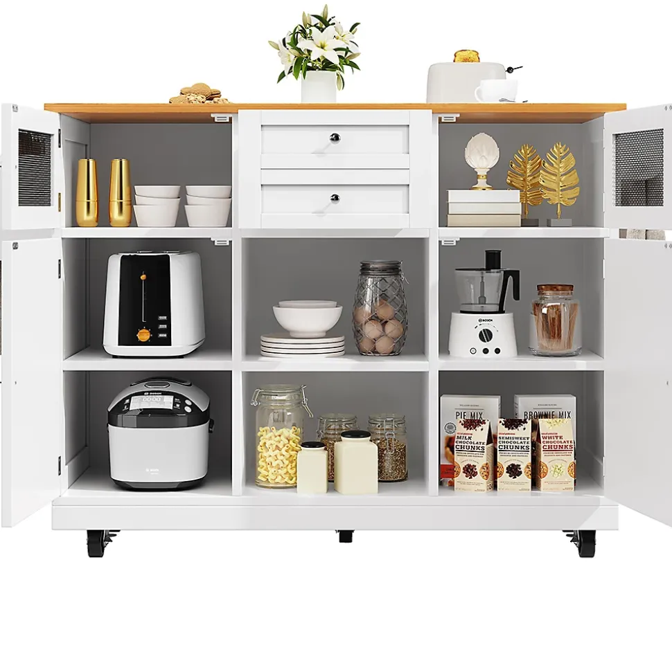 Îlot cuisine avec plan de travail, portes 3D, veinage bois, roulettes, cloisons réglables - blanc