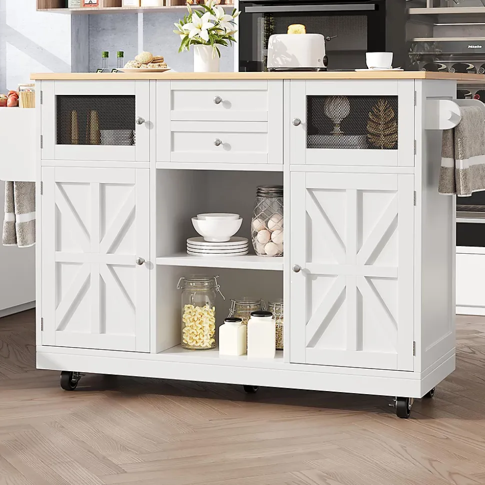 Îlot cuisine avec plan de travail, portes 3D, veinage bois, roulettes, cloisons réglables - blanc