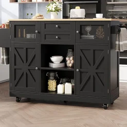 Îlot cuisine avec plan de travail, portes 3D, grain de bois, roulettes, cloisons réglables - noir