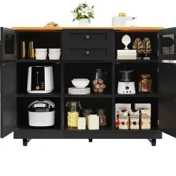 Îlot cuisine avec plan de travail, portes 3D, grain de bois, roulettes, cloisons réglables - noir