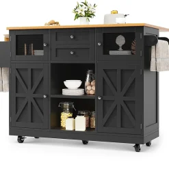 Îlot cuisine avec plan de travail, portes 3D, grain de bois, roulettes, cloisons réglables - noir