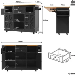 Îlot cuisine avec plan de travail, portes 3D, grain de bois, roulettes, cloisons réglables - noir
