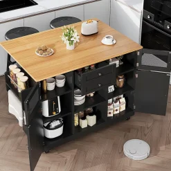 Îlot cuisine avec plan de travail, portes 3D, grain de bois, roulettes, cloisons réglables - noir