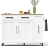 Îlot cuisine avec plateau rabattable, 3 niveaux rangement, 2 tiroirs, roulettes, blanc