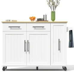 Îlot cuisine avec plateau rabattable, 3 niveaux rangement, 2 tiroirs, roulettes, blanc