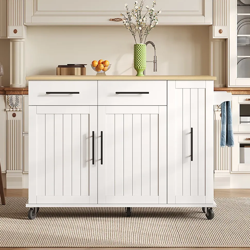 Îlot cuisine avec plateau rabattable, 3 niveaux rangement, 2 tiroirs, roulettes, blanc