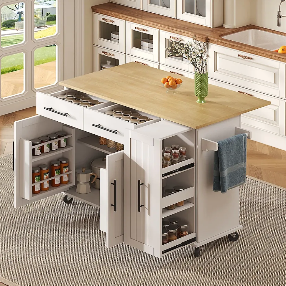 Îlot cuisine avec plateau rabattable, 3 niveaux rangement, 2 tiroirs, roulettes, blanc