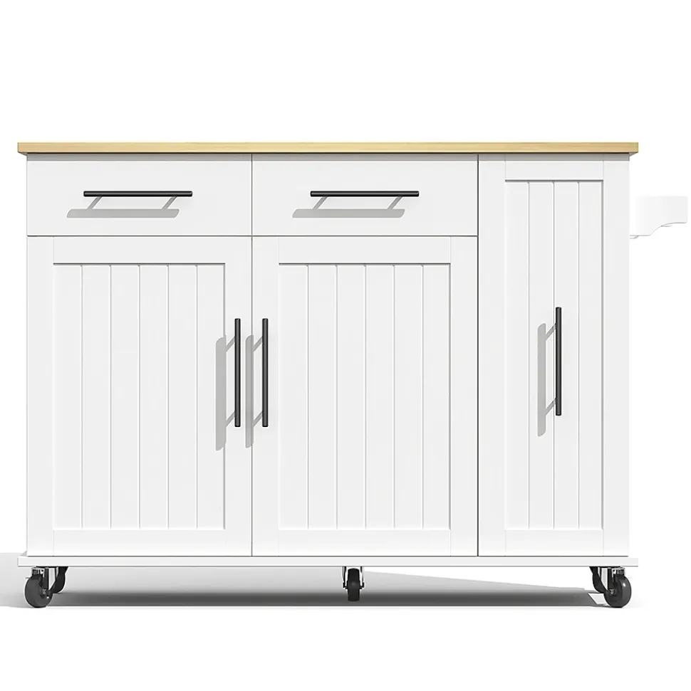 Îlot cuisine avec plateau rabattable, 3 niveaux rangement, 2 tiroirs, roulettes, blanc