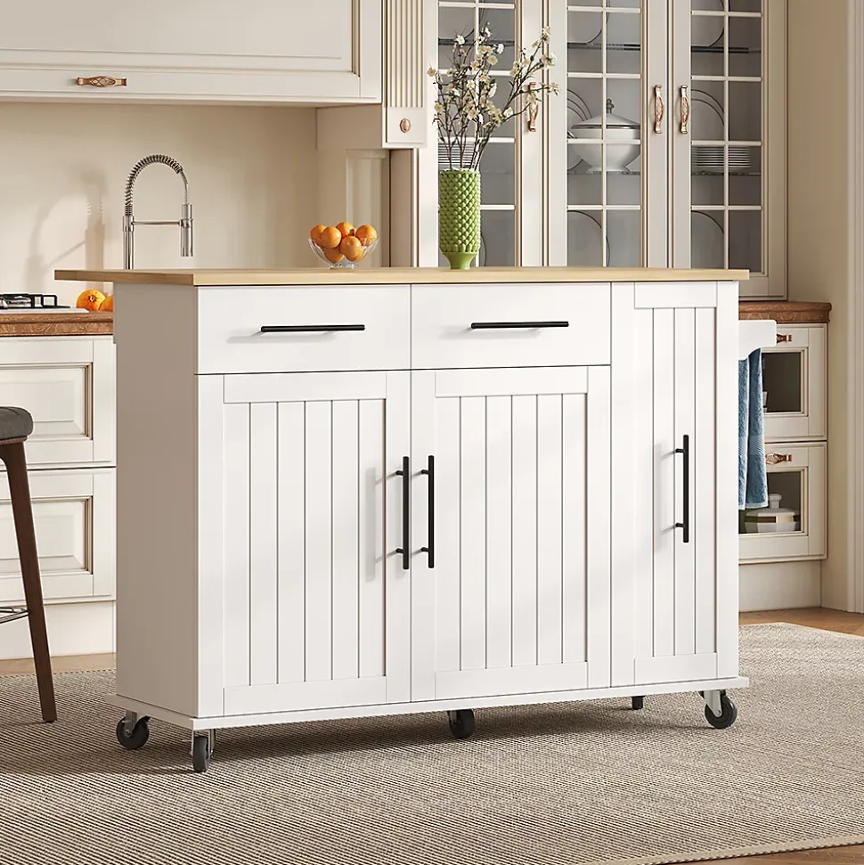 Îlot cuisine avec plateau rabattable, 3 niveaux rangement, 2 tiroirs, roulettes, blanc