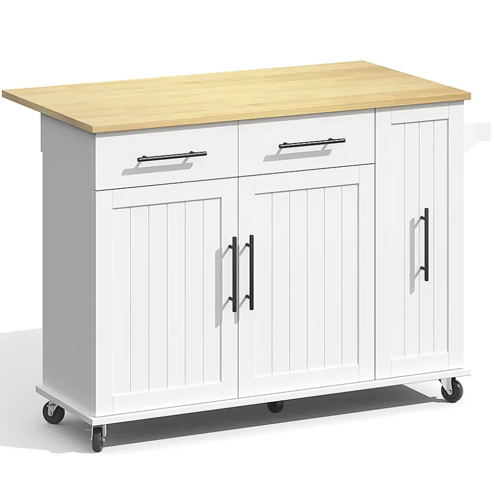 Îlot cuisine avec plateau rabattable, 3 niveaux rangement, 2 tiroirs, roulettes, blanc