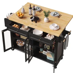 Îlot cuisine avec portes vitrées, roulettes, rangement spacieux, grain de bois - noir