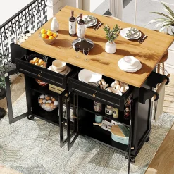 Îlot cuisine avec portes vitrées, roulettes, rangement spacieux, grain de bois - noir