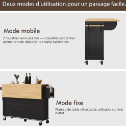 Îlot cuisine avec portes vitrées, roulettes, rangement spacieux, grain de bois - noir