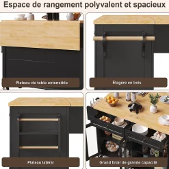 Îlot cuisine avec portes vitrées, roulettes, rangement spacieux, grain de bois - noir