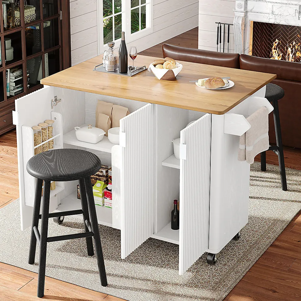 Îlot cuisine extensible 130x45x92 cm, grain de bois, 3 portes, étagères réglables - blanc/noir