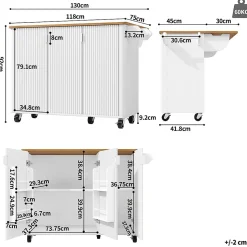 Îlot cuisine extensible 130x45x92 cm, grain de bois, 3 portes, étagères réglables - blanc/noir