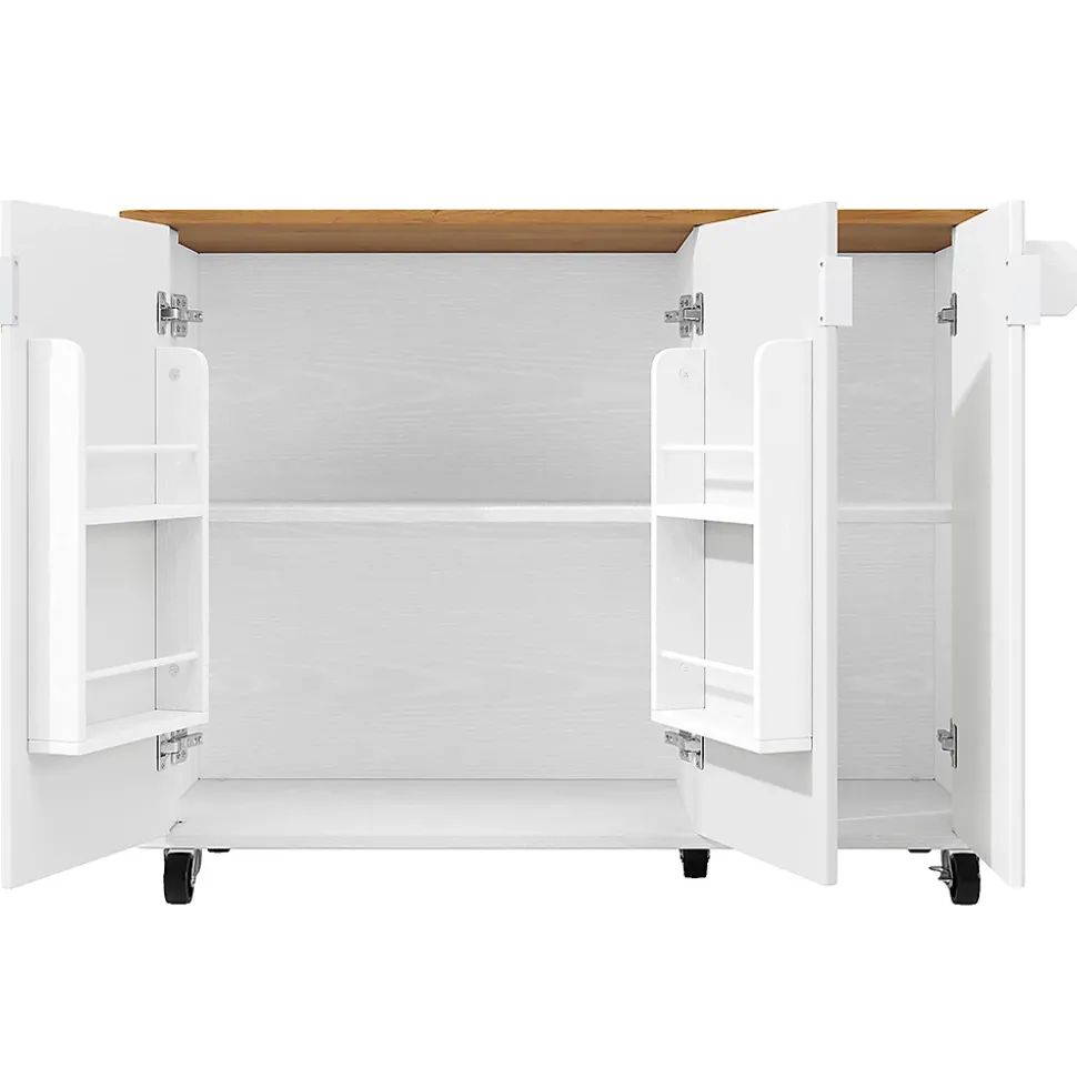 Îlot cuisine extensible 130x45x92 cm, grain de bois, 3 portes, étagères réglables - blanc/noir