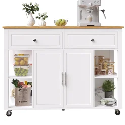 Îlot cuisine haut de gamme avec roulettes, 2 tiroirs, freins, rangement spacieux, bois - salon/cuisine