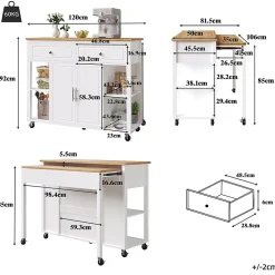 Îlot cuisine haut de gamme avec roulettes, 2 tiroirs, freins, rangement spacieux, bois - salon/cuisine