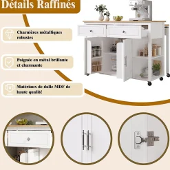 Îlot cuisine haut de gamme avec roulettes, 2 tiroirs, freins, rangement spacieux, bois - salon/cuisine